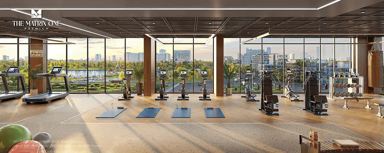 Không gian sống đẳng cấp tại The Matrix One Premium với phòng tập gym hiện đại và tầm nhìn tuyệt đẹp.