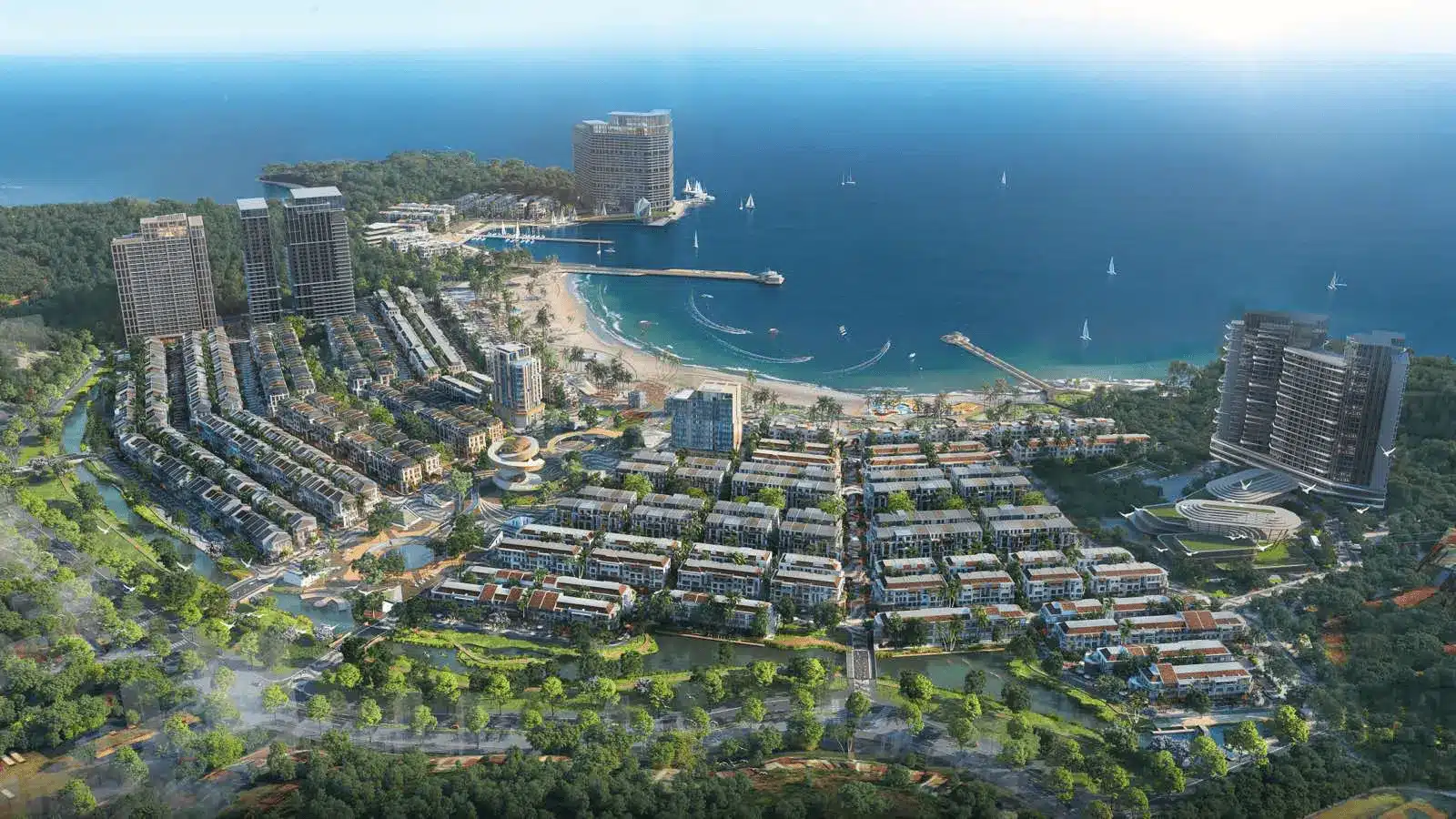 Toàn cảnh dự án Xanh Island Cát Bà với kiến trúc hiện đại và bãi tắm tiêu chuẩn quốc tế.
